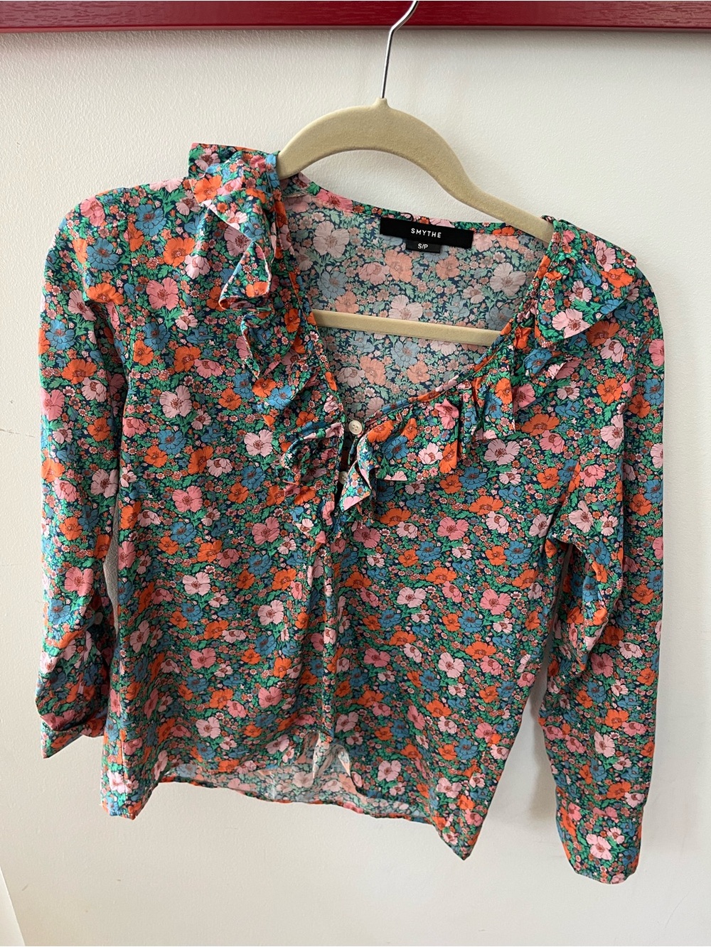 SMYTHE Green Floral Ruffle Tie-Neck Blouse with Pink & Orange Flowers - Picture 1 of 4